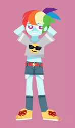 Size: 880x1500 | Tagged: safe, artist:magneticskye, derpibooru import, rainbow dash, equestria girls, 20% cooler, alternate costumes, alternate hairstyle, belly, boots, clothes, lineless, looking at you, midriff, shoes, short shirt, simple background, smiling, solo, teeth