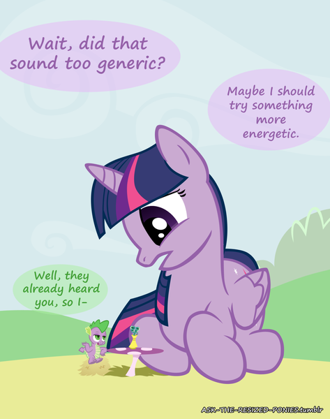 Size: 1280x1624 | Tagged: safe, artist:pegachess, derpibooru import, spike, twilight sparkle, twilight sparkle (alicorn), alicorn, pony, ask the resized ponies, comic, female, macro, mare