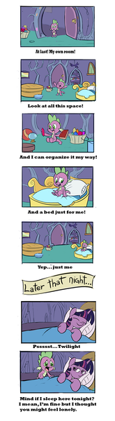 Size: 571x2079 | Tagged: safe, artist:nukilik, derpibooru import, spike, twilight sparkle, twilight sparkle (alicorn), alicorn, pony, tanks for the memories, bed, comic, cute, female, mare, spike's bed, spike's room