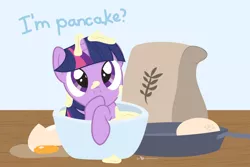 Size: 900x600 | Tagged: safe, artist:dm29, derpibooru import, twilight sparkle, pony, unicorn, castle sweet castle, batter, bowl, cross-eyed, cute, daaaaaaaaaaaw, dialogue, egg (food), female, filly, filly twilight sparkle, flour, flour sack, food, frying pan, i'm pancake, julian yeo is trying to murder us, looking at you, messy, mixing bowl, pan, pancakes, puncake, solo, twiabetes, weapons-grade cute, younger