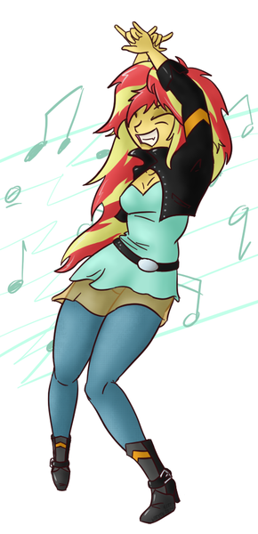 Size: 484x1000 | Tagged: safe, artist:wryte, derpibooru import, sunset shimmer, equestria girls, alternate hairstyle, breasts, cleavage, clothes, dancing, devil horn (gesture), dress, eyes closed, female, grin, high heels, jacket, jeans, leather jacket, pants, shoes, smiling, solo