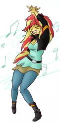 Size: 484x1000 | Tagged: safe, artist:wryte, derpibooru import, sunset shimmer, equestria girls, alternate hairstyle, breasts, cleavage, clothes, dancing, devil horn (gesture), dress, eyes closed, female, grin, high heels, jacket, jeans, leather jacket, pants, shoes, smiling, solo