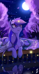Size: 2835x5315 | Tagged: artist:blackrunewarlock, blushing, derpibooru import, firefly (insect), flower, flower in hair, insect, moon, night, oc, oc:moonlight blossom, reflection, safe, solo, unofficial characters only, water
