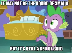 Size: 603x443 | Tagged: bed, caption, derpibooru import, image macro, meme, safe, screencap, spike, spike's bed, spike's room, tanks for the memories, text, the hobbit