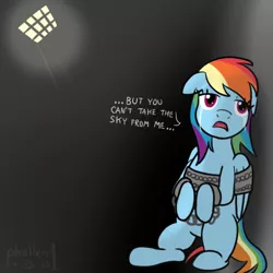 Size: 500x500 | Tagged: safe, artist:phallen1, derpibooru import, rainbow dash, pegasus, pony, 30 minute art challenge, bad end, bound wings, crying, female, firefly (series), manacles, mare, prison, prisoner rd, singing, solo, wings