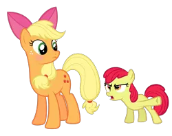 Size: 2480x1962 | Tagged: accessory theft, apple bloom, apple bloom's bow, applejack, artist:comfydove, blushing, bow, dead source, derpibooru import, hair bow, safe, simple background, transparent background, vector