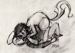 Size: 2447x1746 | Tagged: artist:le chat tombe de la fenêtre, assimilation, body horror, derpibooru import, eldritch abomination, facehug, grayscale, monochrome, oc, oc:anon, oc:thingpone, safe, traditional art, unofficial characters only