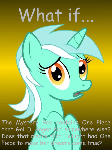 Size: 624x830 | Tagged: safe, derpibooru import, lyra heartstrings, twilight sparkle, twilight sparkle (alicorn), alicorn, pony, princess twilight sparkle (episode), conspiracy lyra, dream, exploitable meme, female, gol d roger, gold roger, mare, meme, mystery box of plot importance, one piece, slowpoke