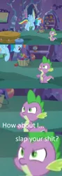 Size: 540x1524 | Tagged: angry, blurry, caption, derpibooru import, how about i slap your shit, image macro, meme, rainbow dash, safe, screencap, spike, spike's room, tanks for the memories, text, vulgar