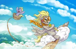 Size: 1250x800 | Tagged: safe, artist:kp-shadowsquirrel, derpibooru import, derpy hooves, dinky hooves, pegasus, pony, bucket, cheering, clothes, cloud, cloudy, cute, epic derpy, equestria's best mother, eyes closed, female, flying, goggles, grin, happy, mare, open mouth, scarf, scepter, smiling, smirk, spread wings, twilight scepter, underhoof, wings
