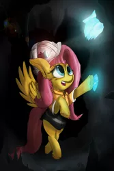 Size: 853x1280 | Tagged: safe, artist:frisky, derpibooru import, fluttershy, pegasus, pony, cave, darkness, diamonds, flashlight (object), headlamp, helmet, improvisation, poking, solo, unshorn fetlocks, wings