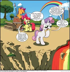 Size: 1024x1050 | Tagged: safe, artist:wandrevieira1994, derpibooru import, apple bloom, scootaloo, sweetie belle, rainbow falls, barrel, comic, cutie mark crusaders, grin, i can't believe it's not idw, mouth hold, paint, paintbrush, question mark, raised eyebrow, smiling, spanish, this will end in death, this will end in tears, this will end in tears and/or death, this will end in tears and/or death and/or covered in tree sap, translation, translator:the-luna-fan, tree sap and pine needles, waterfall, woody woodpecker