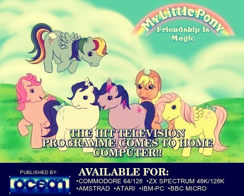 Size: 500x401 | Tagged: safe, derpibooru import, applejack, fluttershy, pinkie pie, rainbow dash, rarity, twilight sparkle, earth pony, pegasus, pony, unicorn, 1980's, 80s, amstrad cpc, atari 8-bit, bbc micro, british, commodore 64, cowboy hat, fake, female, flying, g1, g4 to g1, generation leap, hat, home computer, ibm pc, mane six, mare, ms-dos, ocean software, title drop, unicorn twilight, zx spectrum