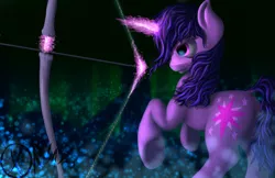 Size: 1600x1035 | Tagged: alternate hairstyle, arrow, artist:xormak, badass, battle stance, bow and arrow, bow (weapon), cutie mark, derpibooru import, dock, eyes on the prize, forest, glow, glowing horn, horn, magic, prancing, safe, solo, twilight sparkle, underhoof, weapon