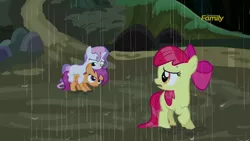 Size: 1280x720 | Tagged: safe, derpibooru import, screencap, apple bloom, scootaloo, sweetie belle, earth pony, pegasus, pony, unicorn, appleoosa's most wanted, cute, cutealoo, cutie mark crusaders, diasweetes, female, filly, looking at each other, looking back, open mouth, out of context, ponies riding ponies, rain, raised hoof, riding, wet, wet mane