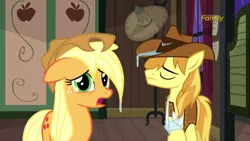 Size: 1280x720 | Tagged: applejack, appleoosa's most wanted, braeburn, derpibooru import, eyes closed, rain, sad, safe, screencap, wet, wet mane