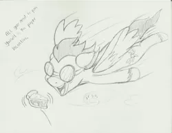 Size: 1650x1275 | Tagged: artist:latecustomer, clothes, derpibooru import, food, monochrome, pie, safe, sketch, soarin', traditional art, uniform, wonderbolts uniform