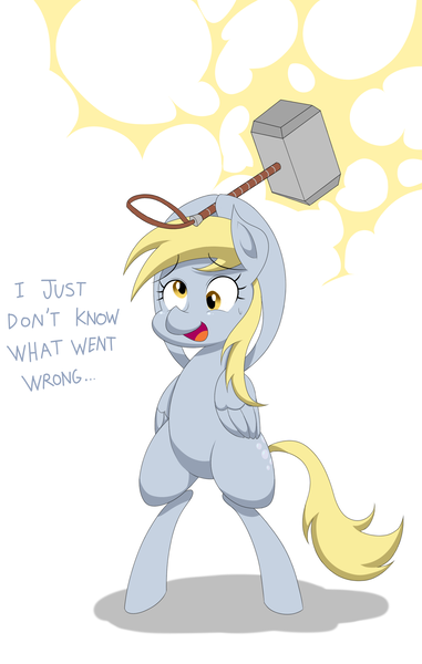 Size: 1300x2048 | Tagged: safe, artist:janji009, derpibooru import, derpy hooves, pony, bipedal, hammer, mjölnir, solo, this will end in tears, war hammer, weapon, xk-class end-of-the-world scenario