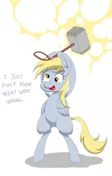 Size: 1300x2048 | Tagged: safe, artist:janji009, derpibooru import, derpy hooves, pony, bipedal, hammer, mjölnir, solo, this will end in tears, war hammer, weapon, xk-class end-of-the-world scenario