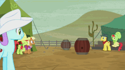 Size: 500x281 | Tagged: safe, derpibooru import, screencap, apple bumpkin, bandana baldwin, high stakes, mccree, peachy sweet, prairie belle, unnamed character, unnamed pony, earth pony, pony, appleoosa's most wanted, animated, apple family member, background pony, barrel, bow, clothes, cowboy hat, dress, eyes closed, female, hair bow, hat, lithobraking, male, mare, neckerchief, stallion