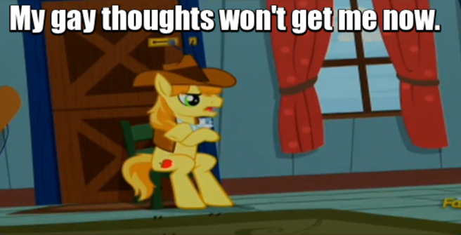 Size: 656x335 | Tagged: safe, derpibooru import, screencap, braeburn, appleoosa's most wanted, caption, gay thoughts, image macro, lowres, meme, needs more jpeg, solo, text, tom cruise