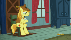 Size: 500x281 | Tagged: animated, appleoosa's most wanted, braeburn, chair, cute, derpibooru import, discovery family, discovery family logo, safe, screencap, sitting, sleeping, solo, you had one job