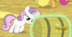 Size: 456x233 | Tagged: safe, derpibooru import, screencap, scootaloo, sweetie belle, appleoosa's most wanted, animated, barrel, discovery family logo, magic, sweetie belle's magic brings a great big smile, telekinesis, tongue out