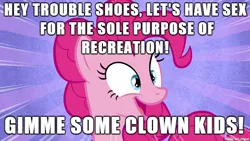 Size: 610x343 | Tagged: appleoosa's most wanted, caption, derpibooru import, edit, edited screencap, female, image macro, implied sex, implied troubleshoes, male, meme, open mouth, pinkie pie, screencap, shipping, smiling, straight, suggestive, text, trouble pie, trouble shoes, wide eyes