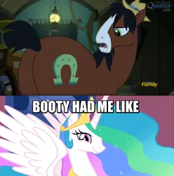Size: 800x806 | Tagged: safe, derpibooru import, edit, edited screencap, screencap, princess celestia, trouble shoes, alicorn, earth pony, pony, appleoosa's most wanted, booty had me like, butt, caption, faic, female, frown, glare, image macro, look at my ass, looking back, male, mare, meme, open mouth, plot, smiling, smirk, spread wings, stallion, text, the ass was fat, troublestia, twiface, wingboner, wings