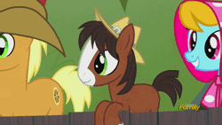Size: 500x281 | Tagged: animated, appleoosa's most wanted, colt, cute, derpibooru import, discovery family, discovery family logo, grin, hat, leaning, male, open mouth, safe, screencap, smiling, troublebetes, trouble shoes