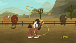 Size: 500x281 | Tagged: animated, appleoosa's most wanted, bondage, buffalo, cactus, colt, cute, derpibooru import, discovery family, discovery family logo, fence, flashback, frown, grin, hogtied, lasso, male, mouth hold, on back, rope, safe, saguaro cactus, screencap, smiling, stuck, tied up, troublebetes, trouble shoes, wide eyes, younger