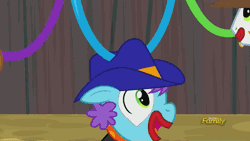 Size: 500x281 | Tagged: safe, derpibooru import, screencap, cherry berry, goldengrape, lucky clover, meadow song, sir colton vines iii, trouble shoes, earth pony, pony, appleoosa's most wanted, animated, bootblues, chase, clothes, clown, clown nose, cowboy hat, discovery family, discovery family logo, galloping, hat, hehe helium, hoop, makeup, male, open mouth, rodeo clown, running, speed lines, stallion, wide eyes