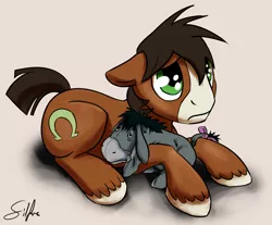 Size: 1956x1620 | Tagged: appleoosa's most wanted, artist:silfoe, cute, derpibooru import, eeyore, floppy ears, hatless, looking up, missing accessory, plushie, prone, sad, safe, solo, troublebetes, trouble shoes, winnie the pooh, woobie