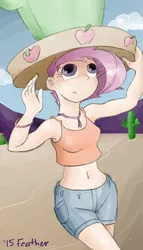 Size: 800x1400 | Tagged: appleoosa's most wanted, artist:feather, belly button, cactus hat, derpibooru import, giant hat, hat, human, humanized, midriff, older, safe, scootaloo, solo