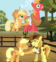 Size: 411x455 | Tagged: safe, derpibooru import, screencap, applejack, big macintosh, braeburn, earth pony, pony, applebuck season, appleoosa's most wanted, bandage, broken leg, callback, comparison, discovery family logo, eyes closed, grin, gritted teeth, hoofbump, injured, male, smiling, stallion, wide eyes