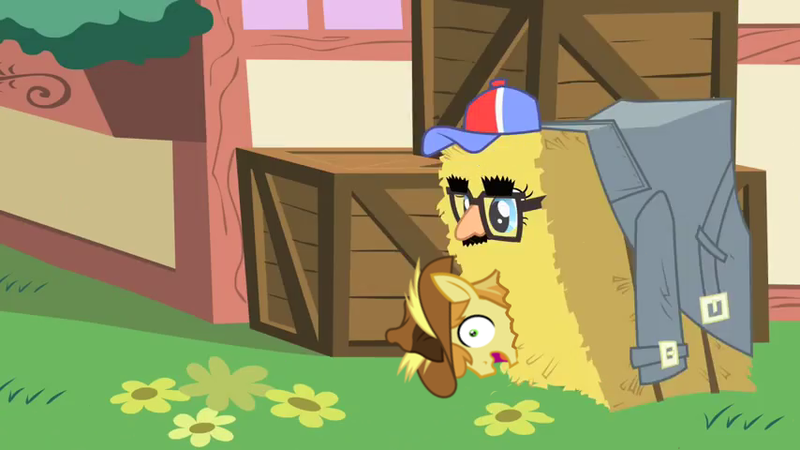 Size: 854x480 | Tagged: appleoosa's most wanted, baseball cap, braeburn, braepie, cap, derpibooru import, disguise, edit, edited screencap, female, groucho mask, hat, hay bale, hayburn, male, party of one, pinkie pie, questionable, screencap, shipping, straight