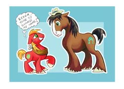 Size: 820x591 | Tagged: safe, artist:nukilik, derpibooru import, big macintosh, trouble shoes, earth pony, pony, appleoosa's most wanted, eye contact, floppy ears, frown, grin, looking at each other, male, nervous, raised hoof, size comparison, size difference, smiling, stallion, sweat, thought bubble, unshorn fetlocks