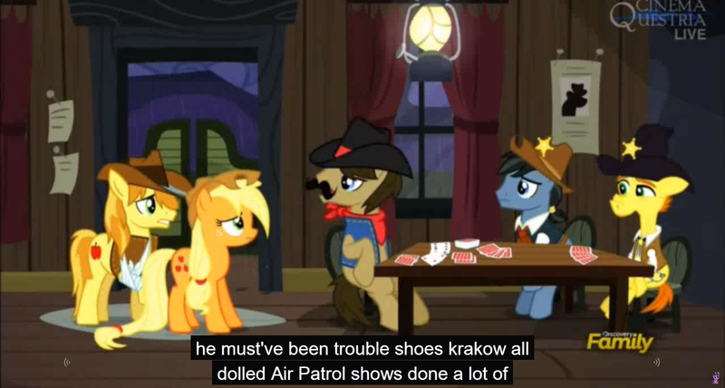 Size: 1600x855 | Tagged: applejack, appleloosa resident, appleoosa's most wanted, braeburn, caption, derpibooru import, discovery family logo, edit, edited screencap, fetter keys, krakow, meme, playing card, safe, screencap, sheriff silverstar, star spur, youtube caption