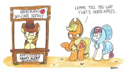 Size: 2436x1375 | Tagged: safe, artist:bobthedalek, derpibooru import, apple bumpkin, applejack, braeburn, oc, earth pony, pony, appleoosa's most wanted, :i, apple family member, bonnet, clothes, concession stand, equestria's worst babysitter, frown, glare, let me tell you why that's bullshit, open mouth, pointing, pun, skirt, traditional art, unamused, wide eyes