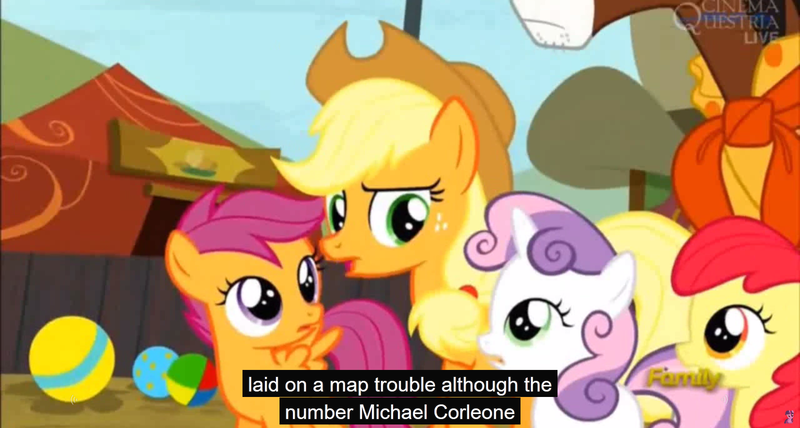 Size: 1600x855 | Tagged: apple bloom, applejack, appleoosa's most wanted, caption, cutie mark crusaders, derpibooru import, edit, edited screencap, meme, michael corleone, safe, scootaloo, screencap, sweetie belle, the godfather, trouble shoes, youtube caption