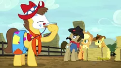 Size: 1280x720 | Tagged: applejack, appleoosa's most wanted, braeburn, bullfighter (rodeo), derpibooru import, discovery family logo, harmonica, man with a harmonica, musical instrument, once upon a time in the west, rodeo clown, safe, screencap, sheriff silverstar, song reference