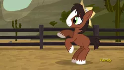 Size: 1920x1080 | Tagged: safe, derpibooru import, screencap, trouble shoes, earth pony, pony, appleoosa's most wanted, colt, cute, fence, happy, hat, little troubleshoes, male, rearing, smiling, troublebetes, younger