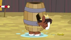 Size: 1920x1080 | Tagged: appleoosa's most wanted, barrel, derpibooru import, hat, little troubleshoes, sad, safe, screencap, solo, trouble shoes, wet, younger