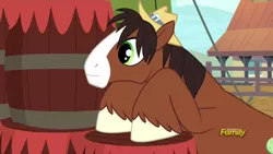 Size: 1920x1080 | Tagged: appleoosa's most wanted, barrel, cute, derpibooru import, discovery family logo, hat, leaning, safe, screencap, smiling, solo, stubble, troublebetes, trouble shoes, unshorn fetlocks, watching