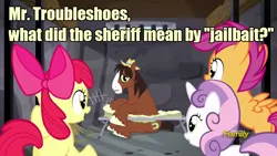 Size: 960x540 | Tagged: apple bloom, appleoosa's most wanted, caption, cutie mark crusaders, derpibooru import, edit, edited screencap, jail, jailbait, safe, scootaloo, screencap, sweetie belle, trouble shoes