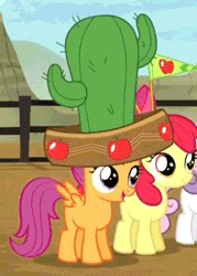 Size: 312x436 | Tagged: safe, derpibooru import, scootaloo, sweetie belle, earth pony, pegasus, pony, appleoosa's most wanted, animated, bow, cactus hat, cute, cutealoo, female, filly, giant hat, hair bow, hat, hat pop, open mouth, smiling