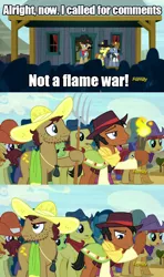 Size: 640x1080 | Tagged: safe, derpibooru import, beuford, cherry berry, jonagold, marmalade jalapeno popette, mccree, sheriff silverstar, star spur, earth pony, pony, appleoosa's most wanted, apple family member, appleloosa, appleloosa resident, caption, clothes, crowd, image macro, meme, pitchfork, text, torch