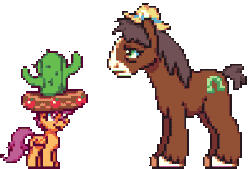 Size: 396x268 | Tagged: safe, artist:mrponiator, derpibooru import, scootaloo, trouble shoes, pegasus, pony, appleoosa's most wanted, animated, cactus hat, female, filly, giant hat, hat, looking at each other, male, pixel art, season 5 pixel art, simple background, smiling, stallion, transparent background