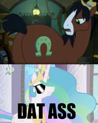 Size: 710x882 | Tagged: safe, derpibooru import, edit, edited screencap, screencap, princess celestia, trouble shoes, pony, appleoosa's most wanted, caption, comic, dat butt, female, mare, meme, sunglasses, the ass was fat, troublestia