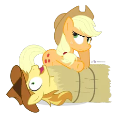 Size: 900x870 | Tagged: applejack, appleoosa's most wanted, artist:dm29, braeburn, derpibooru import, duo, hay bale, hayburn, safe, simple background, transparent background